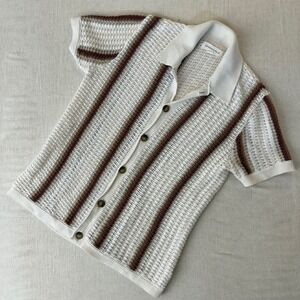 Aeropostale Mens Striped Crochet Knit Button Down Polo Sweater Cream